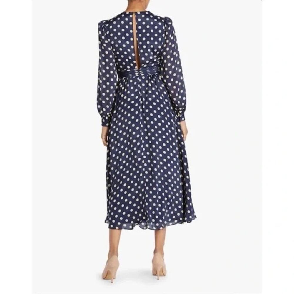 NWT Ronny Kobo Navy Maria Polka Dot Long Sleeve Low V-Neck Midi Dress Size Med - Picture 6 of 6